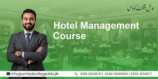 Smiling man in a suit with arms crossed stands against a green background featuring "Hotel Management Course" text. Elegant dining hall in the backdrop. Contact info at bottom.